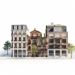 Fototapeta premium 3D Render of an urban loft district with converted warehouses and industrial-chic apartments, on isolated white background, Generative AI