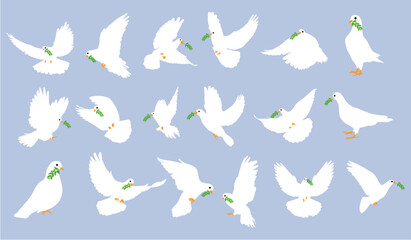 set of flying dove silhouettes or Pigeons with olive branch set love and peace symbols on a black background
