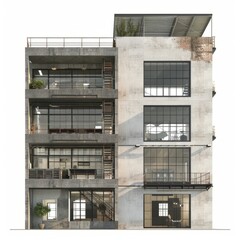 3D Render of an urban loft district with converted warehouses and industrial-chic apartments, on isolated white background, Generative AI