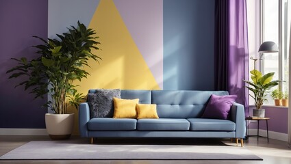 A living room with a purple couch, yellow pillows, and plants in the corner.