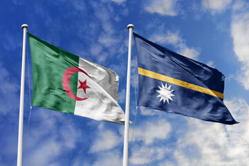 3d illustration. Algeria and Nauru Flag waving in sky. High detailed waving flag. 3D render. Waving in sky. Flags fluttered in the cloudy sky.