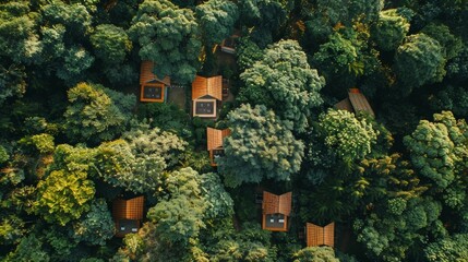 An aerial shot of a glamping site nestled in the midst of a dense forest providing a unique and serene sleep experience for nature lovers. 2d flat cartoon.