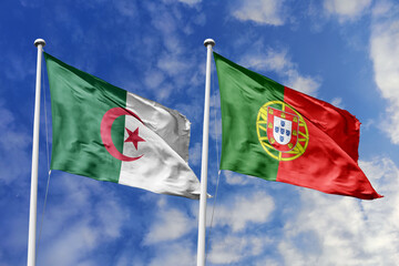 3d illustration. Algeria and Portugal Flag waving in sky. High detailed waving flag. 3D render. Waving in sky. Flags fluttered in the cloudy sky.