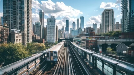 A panoramic view of a city skyline, with a sleek metro train passing in the foreground, demonstrating the seamless integration of public transit into the urban landscape.