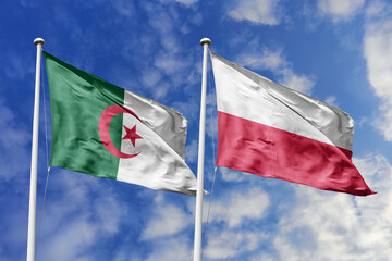 3d illustration. Algeria and Poland Flag waving in sky. High detailed waving flag. 3D render. Waving in sky. Flags fluttered in the cloudy sky.