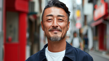 A man of half Japanese and British descent with a mustache is smiling. The image has a mood of happiness and positivity. A 30-year-old businessman smiling wearing a white T-shirt and navy jacket