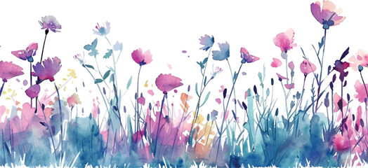 watercolor background border flowers in the grass