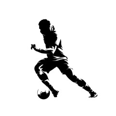 Fototapeta na wymiar Football, soccer player running with ball, isolated vector silhouette, side view