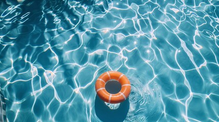 Peaceful Protection: Brilliant Blue Pool Water with the Added Safety of a orange Life-Saving Inflatable Ring