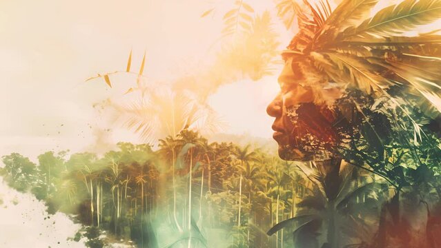 A composite image merges a forest landscape with the profile of an indigenous person, symbolizing the impact of deforestation on native communities