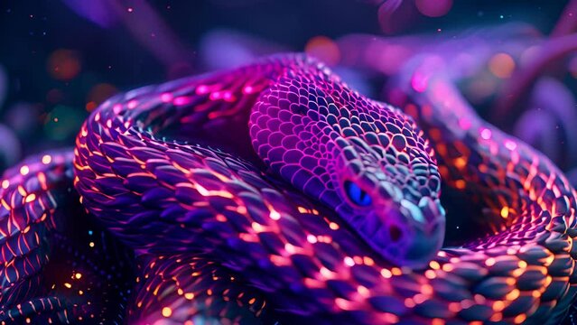 A neon colored snake with a glowing head and tail. The snake is curled up and he is in a dreamlike state