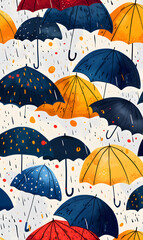 A photograph capturing a seamless pattern of colorful umbrellas in the rain