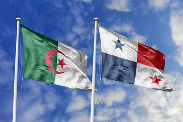3d illustration. Algeria and Panama Flag waving in sky. High detailed waving flag. 3D render. Waving in sky. Flags fluttered in the cloudy sky.