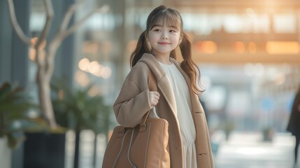 A young Asian girl carrying a bag. happy and cheerful expression on face. travel destination as background.