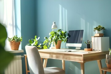 Scandinavian home office with light wood furniture pastel colors and greenery. Concept Scandinavian Design, Light Wood Furniture, Pastel Colors, Greenery, Home Office