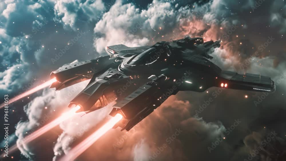 Poster a black space ship with three red engines is flying through a cloudy sky. scene is intense and actio