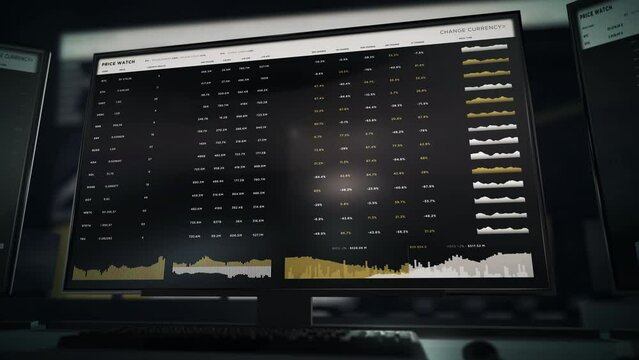 Trader examining the company share report in the modern banking program. Company share report indicates the unprofitable stock. Company share report displaying the unstable economic market.