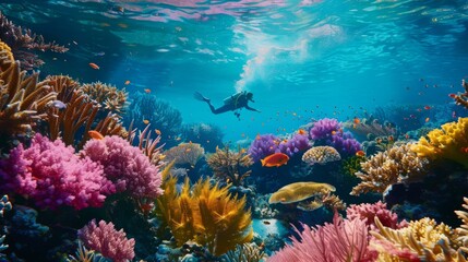 Naklejka na ściany i meble A peaceful underwater scene with a lone snorkeler exploring a vibrant coral garden teeming with life