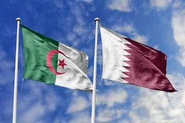 3d illustration. Algeria and Qatar Flag waving in sky. High detailed waving flag. 3D render. Waving in sky. Flags fluttered in the cloudy sky.