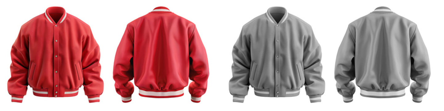 2 Set of red maroon grey gray Oversized Baseball Bomber varsity jacket with ribbed strip elastic hem, front back side view on transparent cutout PNG file. Mockup template for artwork design.