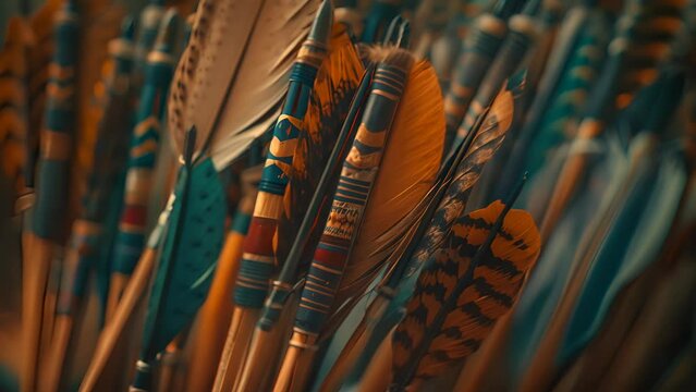 Close-up of a collection of arrows with varied feather fletchings and patterns, symbolizing diversity and precision