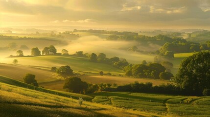 Naklejka premium A picturesque countryside sunrise illuminating rolling hills and farmland, evoking a sense of rural serenity