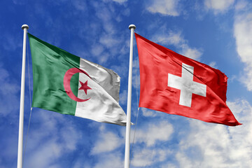 3d illustration. Algeria and  Switzerland Flag waving in sky. High detailed waving flag. 3D render. Waving in sky. Flags fluttered in the cloudy sky.