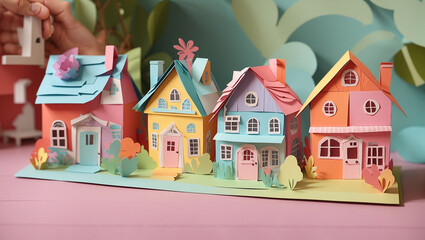 A row of 7 paper houses with colorful paper trees behind them.

