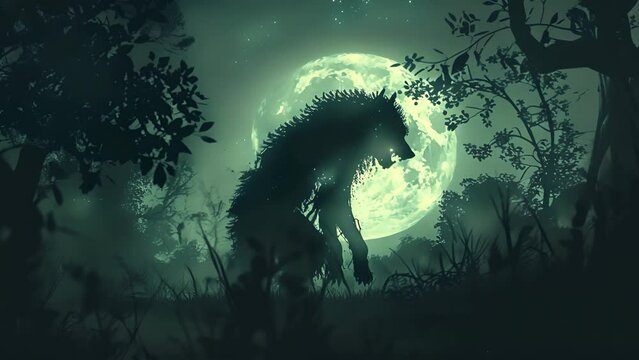 A large werewolf is standing in the woods under a full moon. The image has a dark and eerie mood, with the moon casting a shadow over the wolf and the surrounding trees. The wolf appears to be menacin