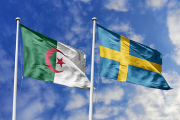 3d illustration. Algeria and Sweden Flag waving in sky. High detailed waving flag. 3D render. Waving in sky. Flags fluttered in the cloudy sky.