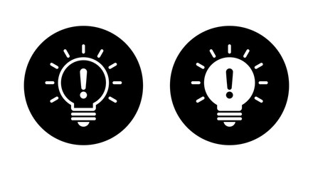Light bulb exclamation mark icon on black circle. Warning lamp sign symbol