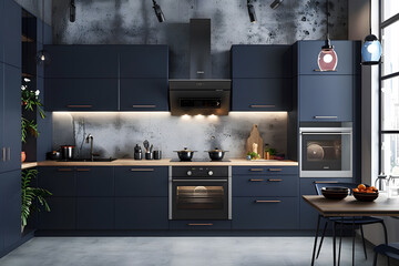 Contemporary modern kitchen interior in navy dark blue colors and concrete elements.