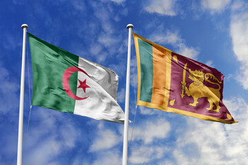 3d illustration. Algeria and Sri Lanka Flag waving in sky. High detailed waving flag. 3D render. Waving in sky. Flags fluttered in the cloudy sky.