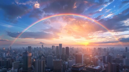 A rainbow stretching across the sky above a city skyline, bringing a moment of joy and wonder to urban life.