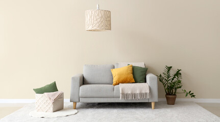 Light living room with comfortable sofa, houseplant, ceiling lamp and pillows