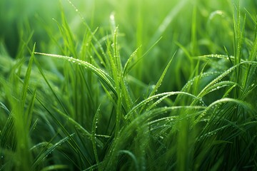Lush Green Morning Dew Meadow Gradients - Serene Nature Image