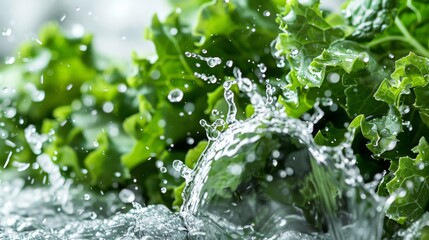 A refreshing splash of water on a pile of leafy greens, emphasizing the importance of hydration for optimal freshness