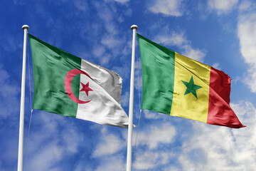 3d illustration. Algeria and Senegal Flag waving in sky. High detailed waving flag. 3D render. Waving in sky. Flags fluttered in the cloudy sky.
