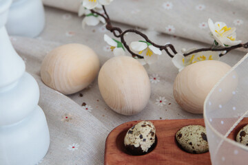 Flatley. Easter table. White chicken eggs. Close-up. Selective focus. Copyspace