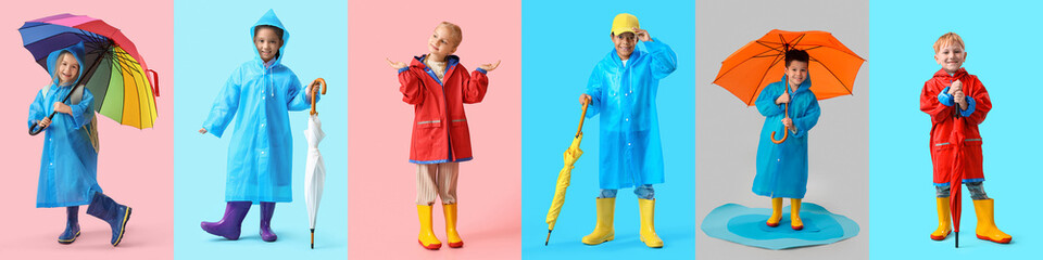 Collage of little children in stylish raincoats on color background
