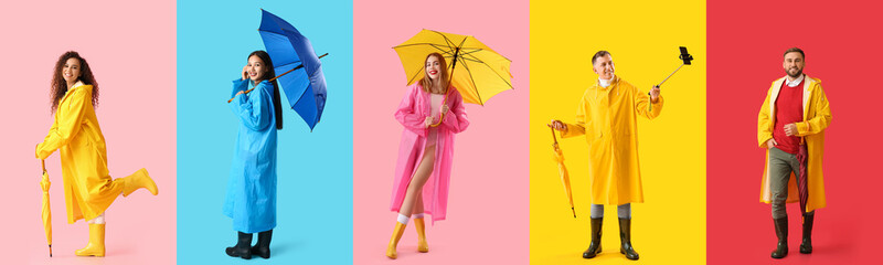 Collage of young people in stylish raincoats on color background