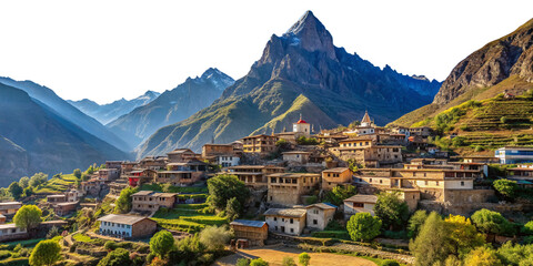 village at the edge of a mountain landscape, transparent sky