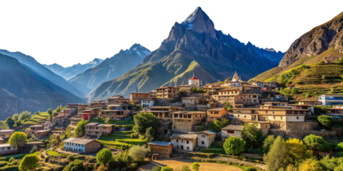 village at the edge of a mountain landscape, transparent sky