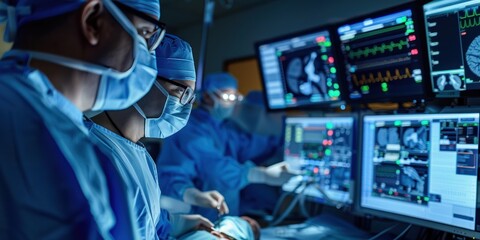 A team of surgeons in a brightly lit operating theater - obrazy, fototapety, plakaty