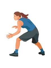 Vector isolated figure of a women's basketball girl player blue jersey who blocks shot of the ball from being thrown into a basket