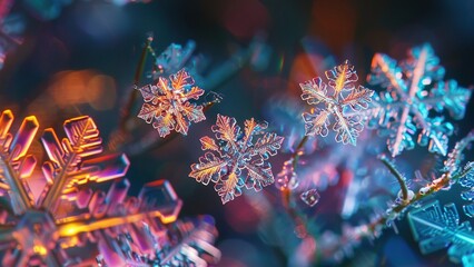 zoom in snowflake with warm orange light