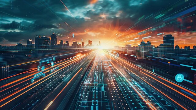 A path or road that stretches across the horizon with holographic lights along the road indicating the progress of city development