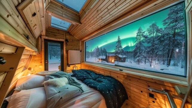 Fall into a peaceful slumber in your pod lulled by the serene sounds of nature and the dazzling display of the famed Northern Lights. 2d flat cartoon.