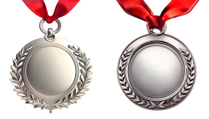 silver medal on red ribbon isolated on transparent png background