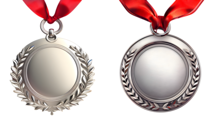 silver medal on red ribbon isolated on transparent png background